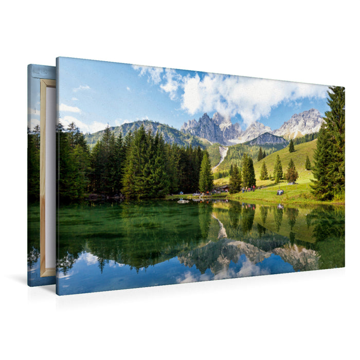 Premium Textil-Leinwand Premium Textil-Leinwand 120 cm x 80 cm quer Spiegelung der Bischofsmütze im Almsee bei Filzmoos