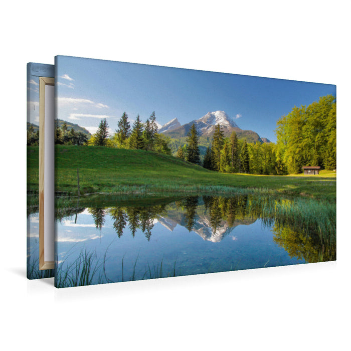 Premium Textil-Leinwand Premium Textil-Leinwand 120 cm x 80 cm quer Der Watzmann im Frühling in Oberbayern