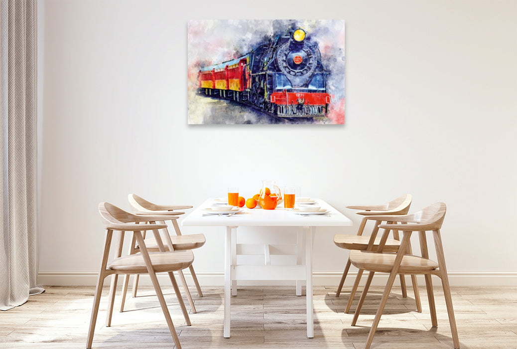 Toile textile premium Toile textile premium 120 cm x 80 cm locomotive à vapeur paysage 