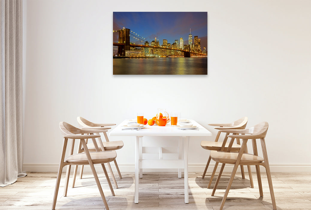 Premium Textil-Leinwand Premium Textil-Leinwand 120 cm x 80 cm quer Brooklyn Bridge mit Skyline bei Nacht