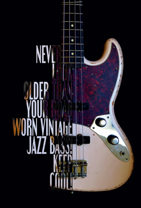 Toile textile haut de gamme Toile textile haut de gamme 80 cm x 120 cm de haut Jazz Bass, Road Worn avec inscription guitare 