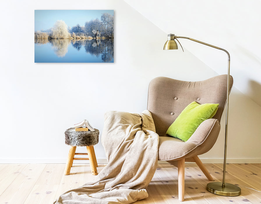 Premium Textil-Leinwand Premium Textil-Leinwand 75 cm x 50 cm quer Wasserspiegelung an der Havel. Winterlandschaft