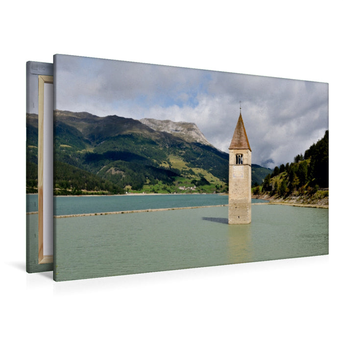 Premium Textil-Leinwand Premium Textil-Leinwand 120 cm x 80 cm quer Kirchturm von Graun im Reschensee