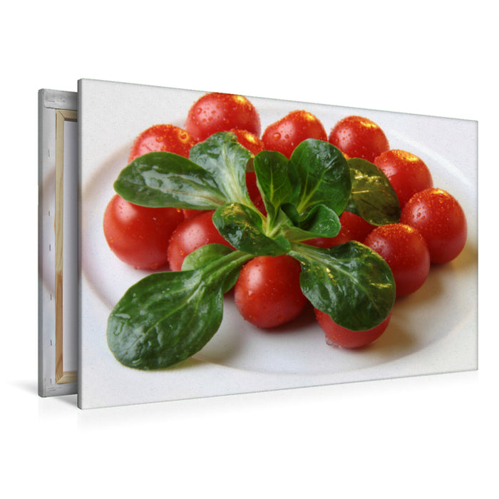 Premium textile canvas Premium textile canvas 120 cm x 80 cm landscape lamb's lettuce and tomatoes 