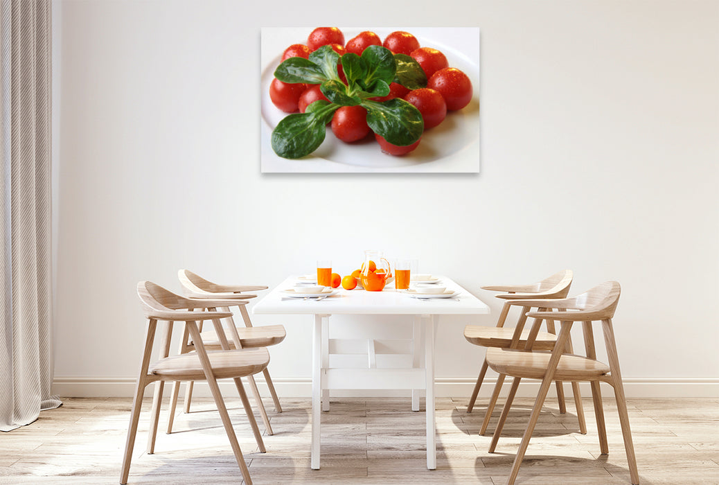 Premium textile canvas Premium textile canvas 120 cm x 80 cm landscape lamb's lettuce and tomatoes 