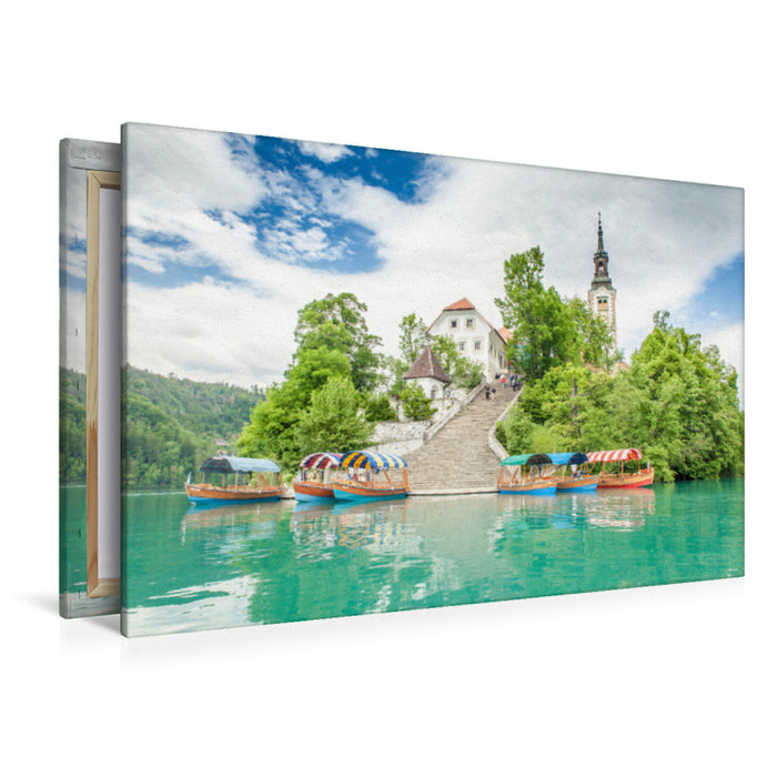 Premium textile canvas Premium textile canvas 120 cm x 80 cm across Church and former monastery on the island of Bled/Slovenia 