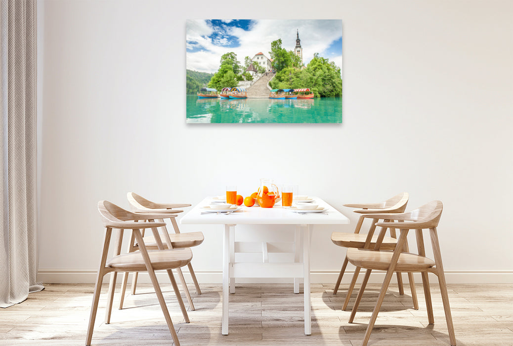 Premium textile canvas Premium textile canvas 120 cm x 80 cm across Church and former monastery on the island of Bled/Slovenia 