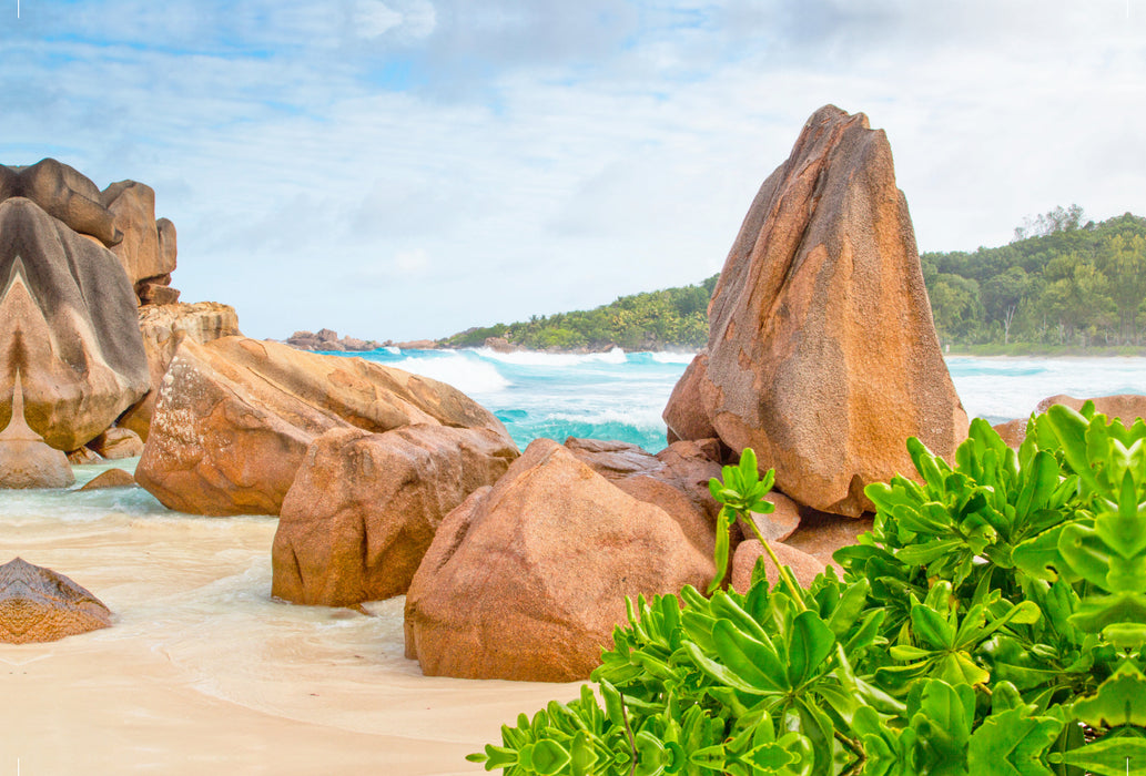 Premium textile canvas Premium textile canvas 120 cm x 80 cm landscape The typical granite rocks on the Petite Anse (La Digue) 