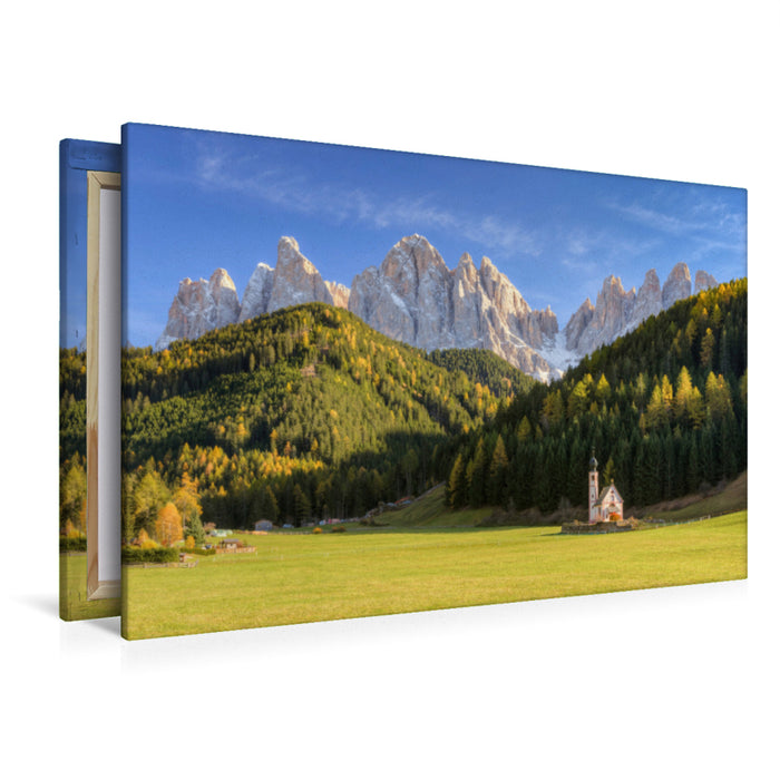 Premium textile canvas Premium textile canvas 120 cm x 80 cm across Church of St. Johann in Ranui in the Funes Valley in South Tyrol 