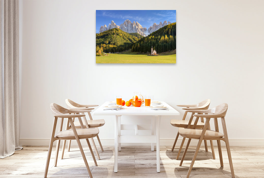 Premium textile canvas Premium textile canvas 120 cm x 80 cm across Church of St. Johann in Ranui in the Funes Valley in South Tyrol 