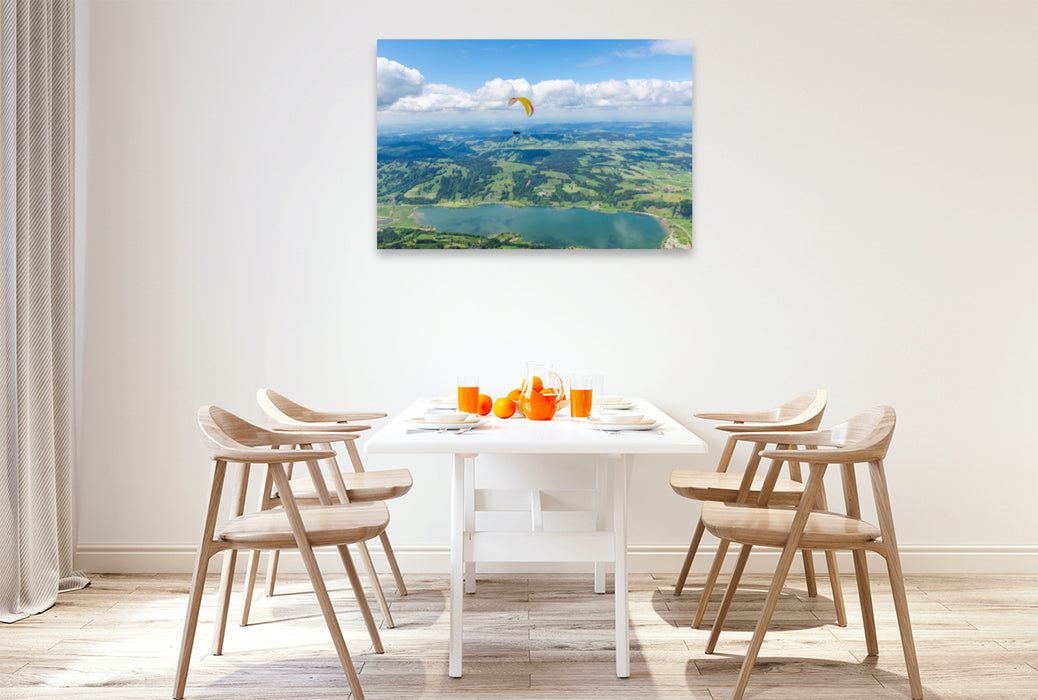 Premium textile canvas Premium textile canvas 120 cm x 80 cm landscape With the paraglider over the Großer Alpsee 