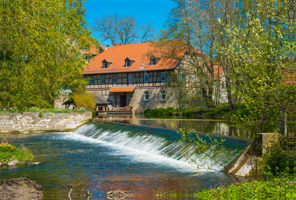 Premium Textil-Leinwand Premium Textil-Leinwand 120 cm x 80 cm quer Wassermühle und Wehr an der Ilm, älteste Mühle in Thüringen, Taubach bei Weimar