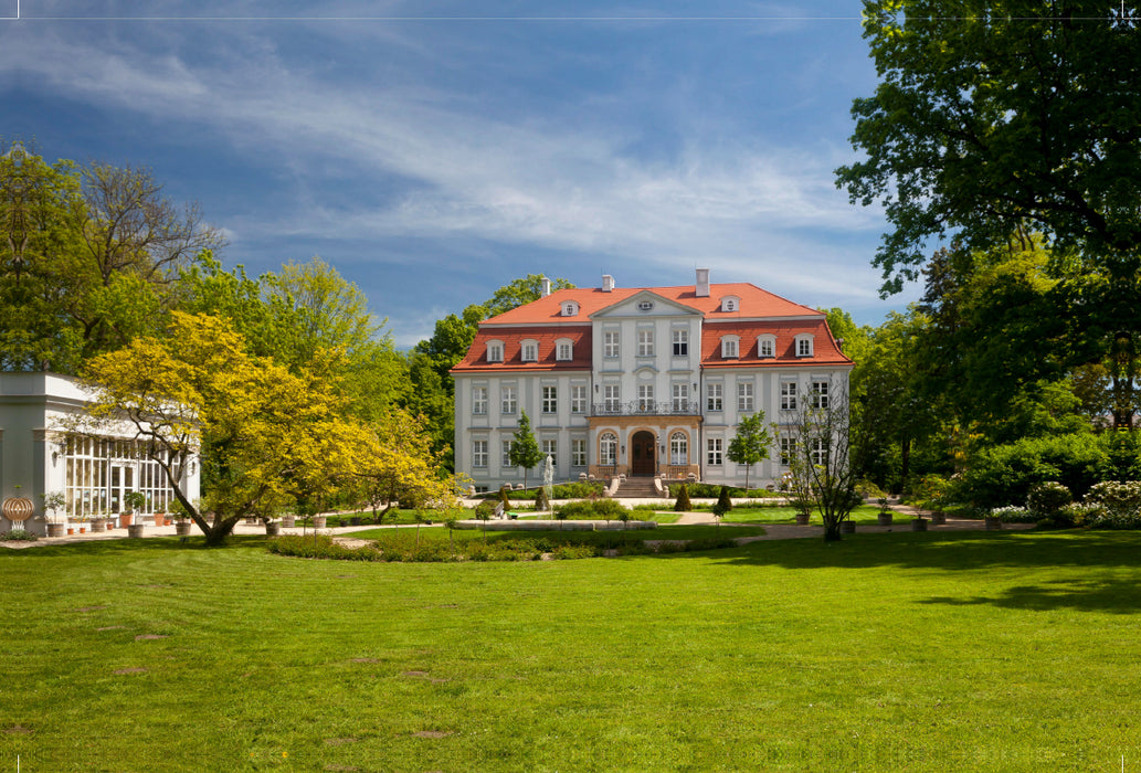 Premium textile canvas Premium textile canvas 120 cm x 80 cm landscape Güldengossa Castle and Park near Leipzig 