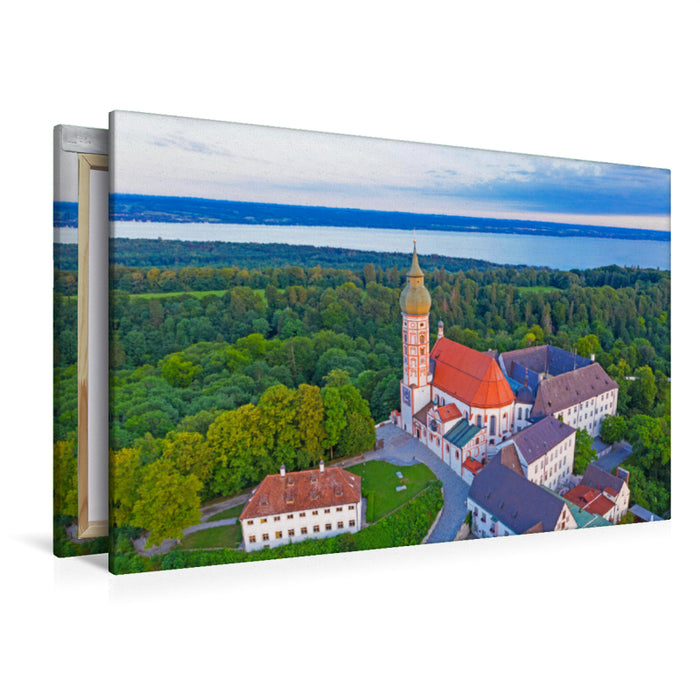 Premium Textil-Leinwand Premium Textil-Leinwand 120 cm x 80 cm quer Kloster Andechs, Luftaufnahme, Ammersee