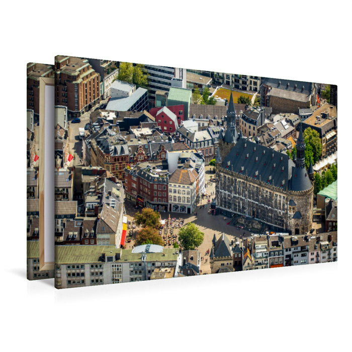 Premium Textil-Leinwand Premium Textil-Leinwand 120 cm x 80 cm quer Luftbild vom Aachener Rathaus mit Innenstadt