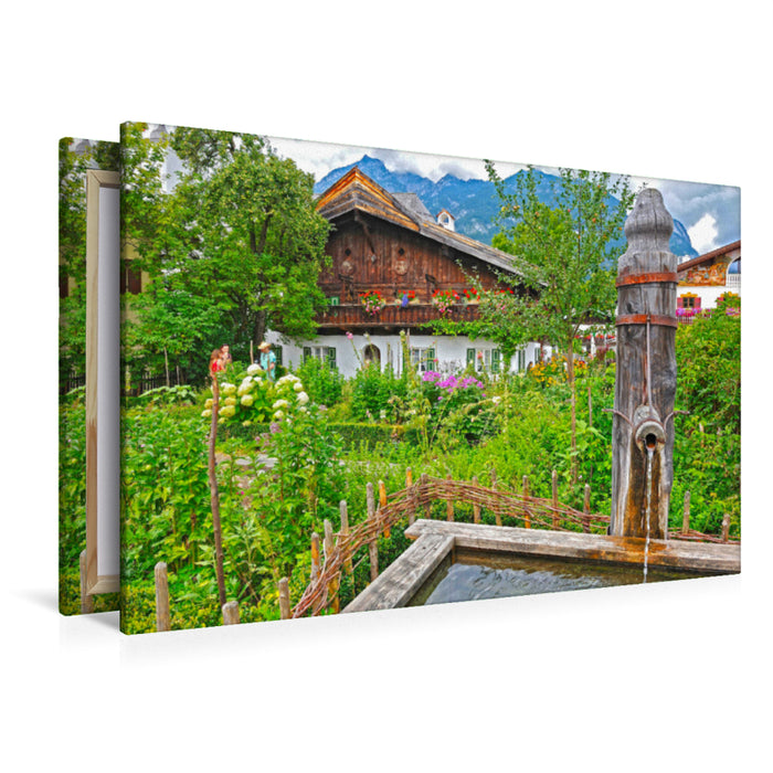 Premium Textil-Leinwand Premium Textil-Leinwand 120 cm x 80 cm quer Bauerngarten mit Brunnen