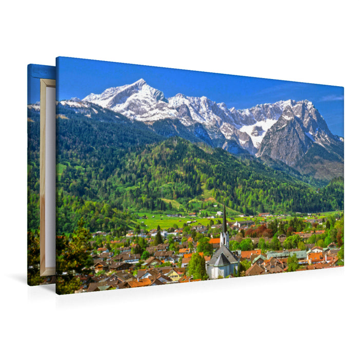 Premium Textil-Leinwand Premium Textil-Leinwand 120 cm x 80 cm quer Blick auf Partenkirchen mit Pfarrkirche Maria-Himmelfahrt und Wettersteingebirge