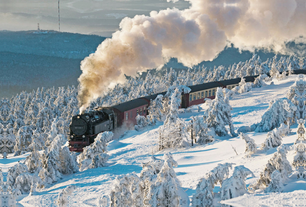 Premium textile canvas Premium textile canvas 120 cm x 80 cm across Harz narrow-gauge railway in the winter forest 