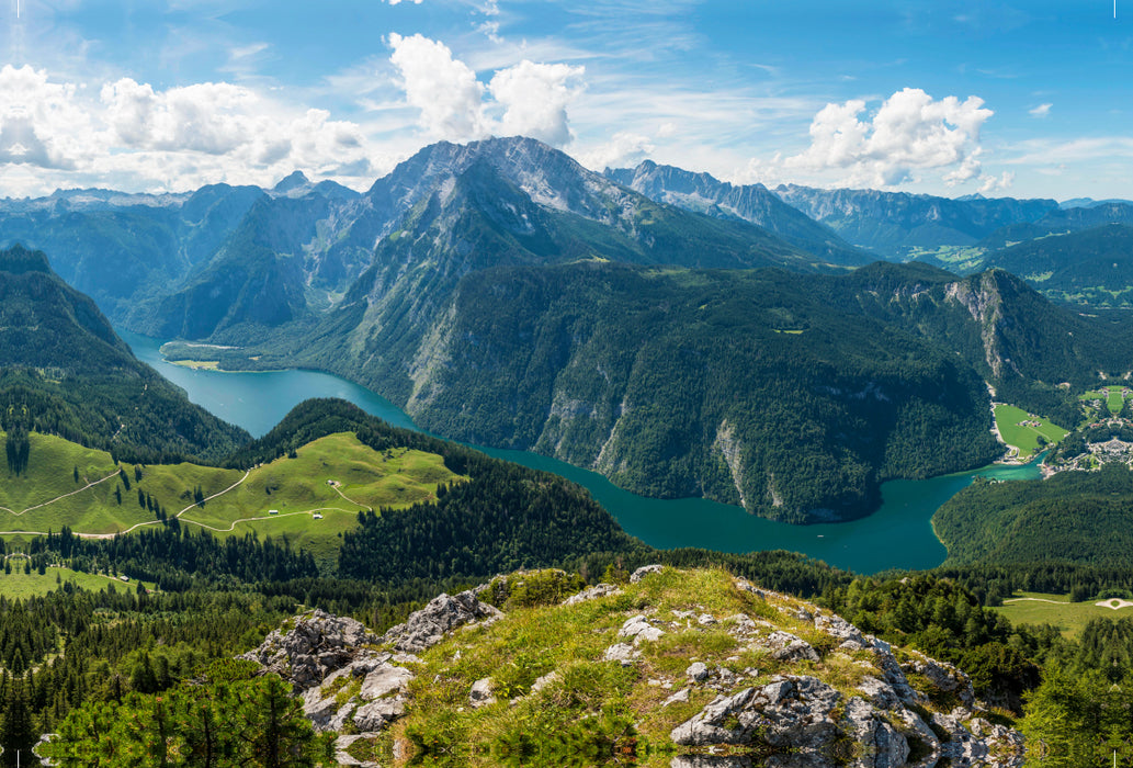 Premium Textil-Leinwand Premium Textil-Leinwand 120 cm x 80 cm quer Blick vom Jenner auf den Watzmann und Schönau (r.u.)