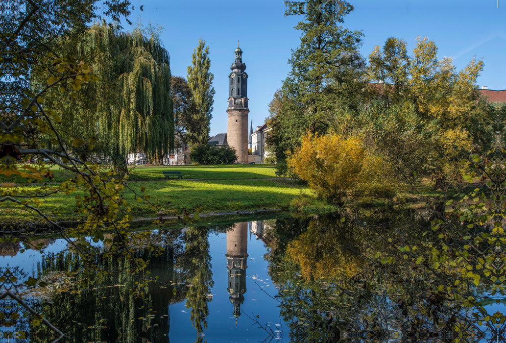 Premium textile canvas Premium textile canvas 120 cm x 80 cm across Castle tower reflected in the Ilm, UNESCO World Heritage Classic Weimar, Park on the Ilm, Weimar 