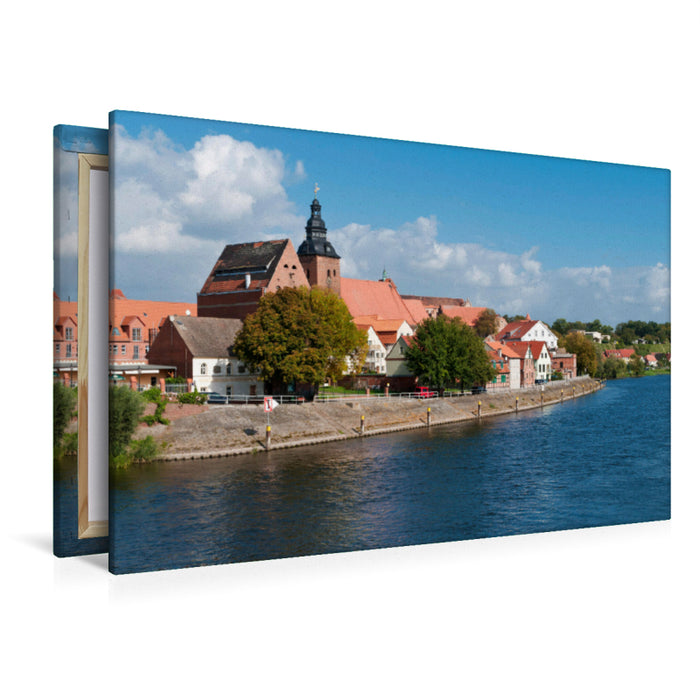 Premium Textil-Leinwand Premium Textil-Leinwand 120 cm x 80 cm quer Altstadt von Havelberg, Havel kurz vor der Elmündung, Sachsen-Anhalt