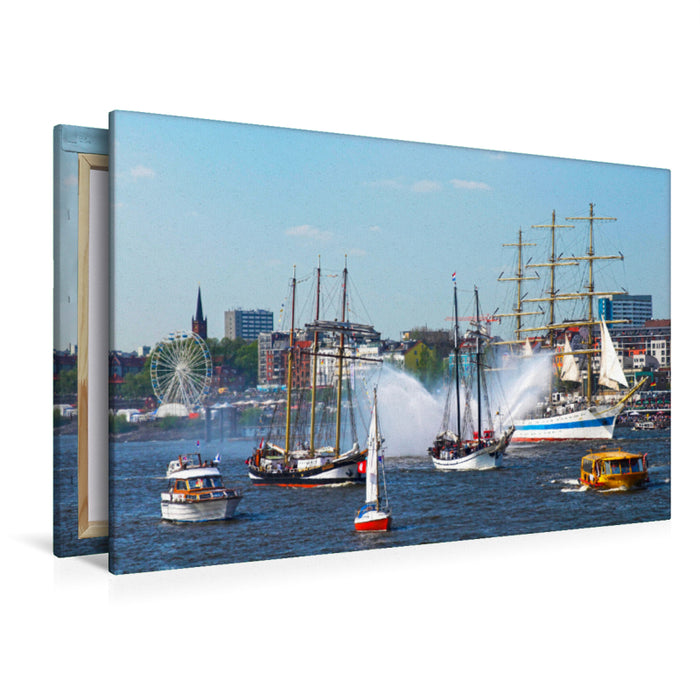 Premium Textil-Leinwand Premium Textil-Leinwand 120 cm x 80 cm quer Historische Segelschiffe im Hamburger Hafen während des 817. Hafengeburtstags