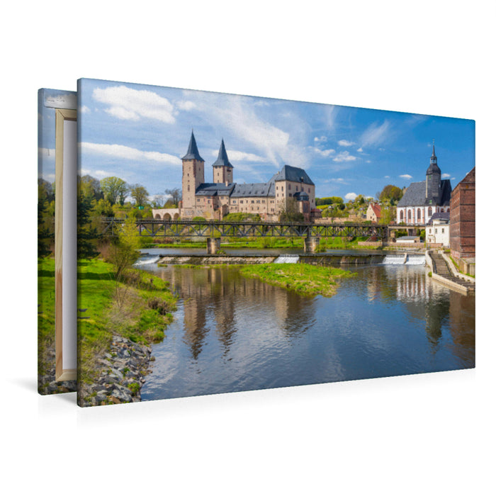 Premium Textil-Leinwand Premium Textil-Leinwand 120 cm x 80 cm quer Schloss Rochlitz mit Fluss Zwickauer MuldeMühle, Rochlitz, Sachsen, De