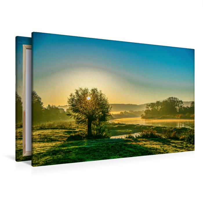 Premium textile canvas Premium textile canvas 120 cm x 80 cm landscape Morning awakening in the Weserbergland 