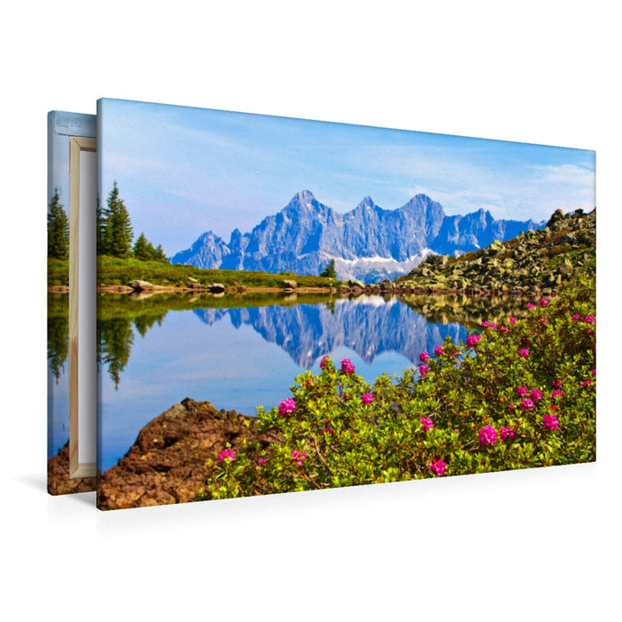 Premium Textil-Leinwand Premium Textil-Leinwand 120 cm x 80 cm quer Almrauschblüte am Spiegelsee auf der Reiteralm