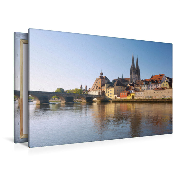 Premium Textil-Leinwand Premium Textil-Leinwand 120 cm x 80 cm quer Donauufer mit Dom St. Peter und Steinerner Brücke