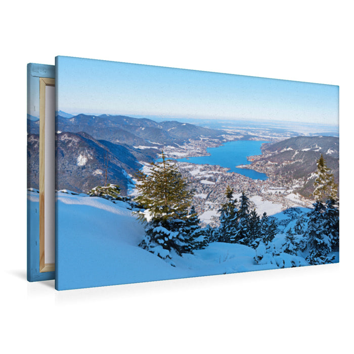 Premium Textil-Leinwand Premium Textil-Leinwand 120 cm x 80 cm quer Aussicht vom Wallberg Gipfel auf den Tegernsee