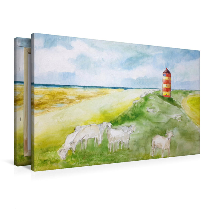 Premium Textil-Leinwand Premium Textil-Leinwand 90 cm x 60 cm quer Aquarell vom Pilsumer Leuchtturm in Krummhörn, Nierdersachsen