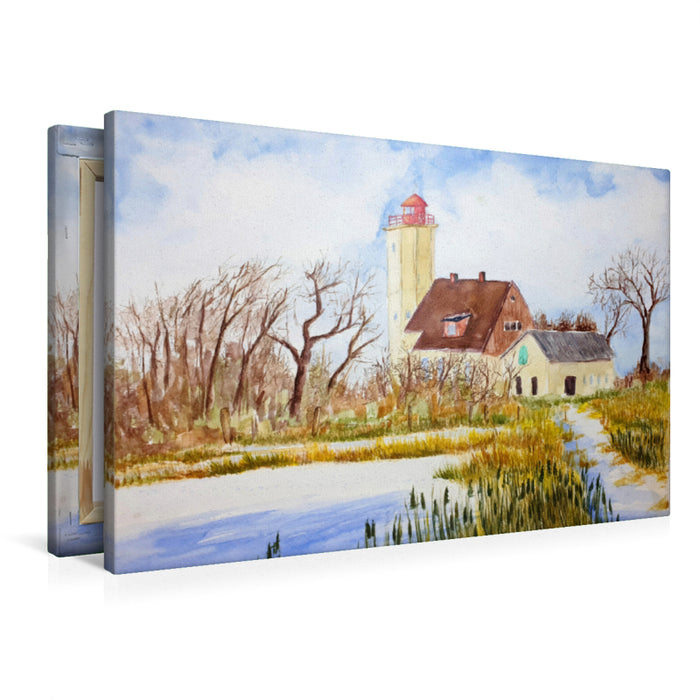 Premium Textil-Leinwand Premium Textil-Leinwand 90 cm x 60 cm quer Leuchtturm Westermarkelsdorf auf Fehmarn - Aquarell