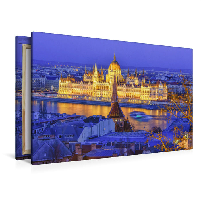 Premium Textil-Leinwand Premium Textil-Leinwand 120 cm x 80 cm quer Traumhafter Blick über die Donau auf das Parlament von der Fischerbastei aus, zur blauen Stunde