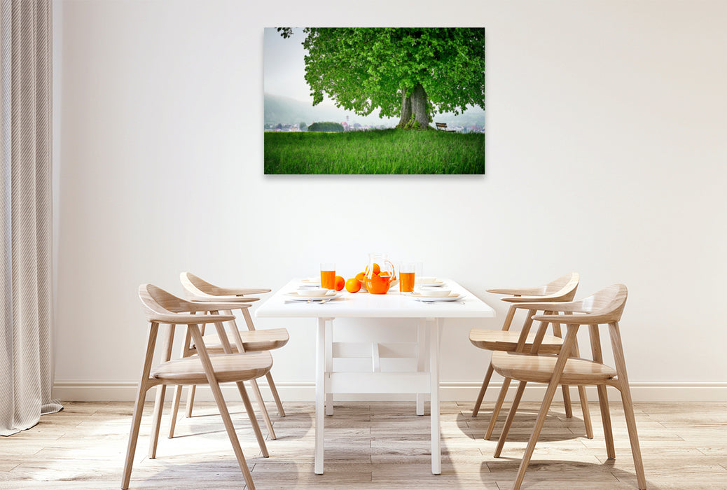 Premium textile canvas Premium textile canvas 120 cm x 80 cm landscape Linden tree in front of Dollnstein 