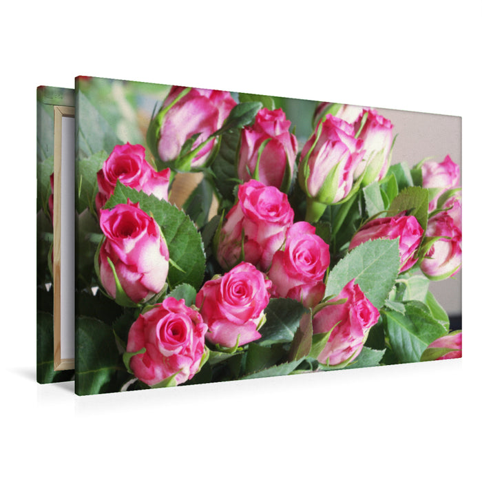 Premium textile canvas Premium textile canvas 120 cm x 80 cm landscape bouquet of roses in pink, white and green 