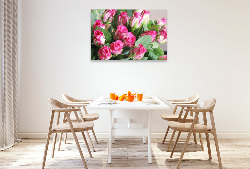 Premium textile canvas Premium textile canvas 120 cm x 80 cm landscape bouquet of roses in pink, white and green 