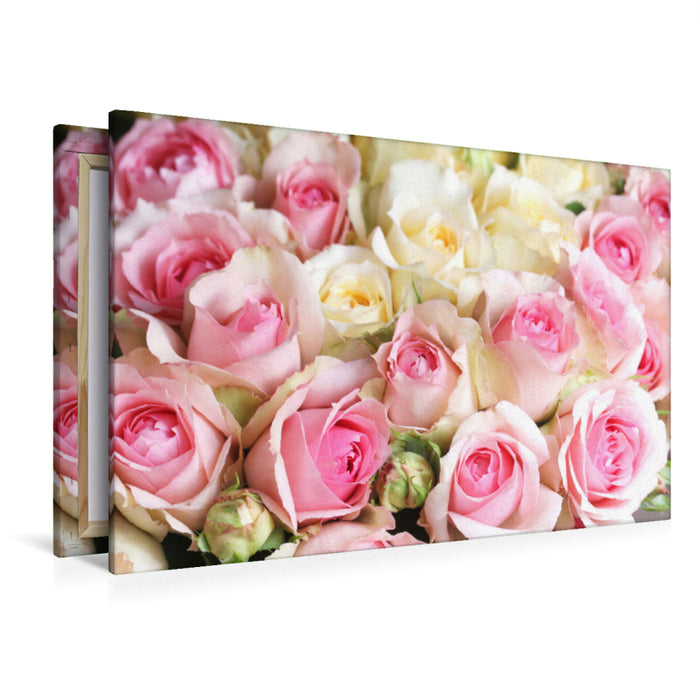 Premium Textil-Leinwand Premium Textil-Leinwand 120 cm x 80 cm quer Rosen in zarten Pastelltönen - hellgelb und rosa