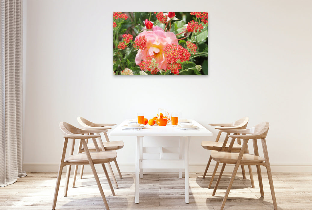 Premium textile canvas Premium textile canvas 120 cm x 80 cm landscape pink rose with red yarrow 