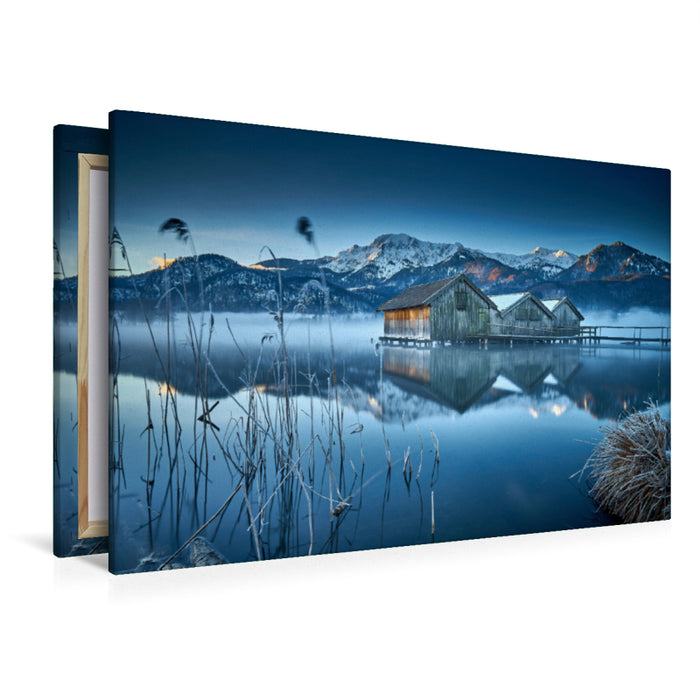 Premium textile canvas Premium textile canvas 120 cm x 80 cm landscape Steghäuser am Kochelsee 