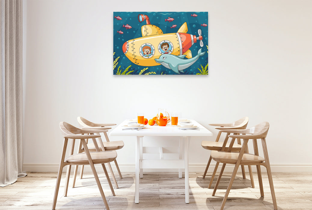 Premium textile canvas Premium textile canvas 120 cm x 80 cm landscape The submarine and the dolphin 