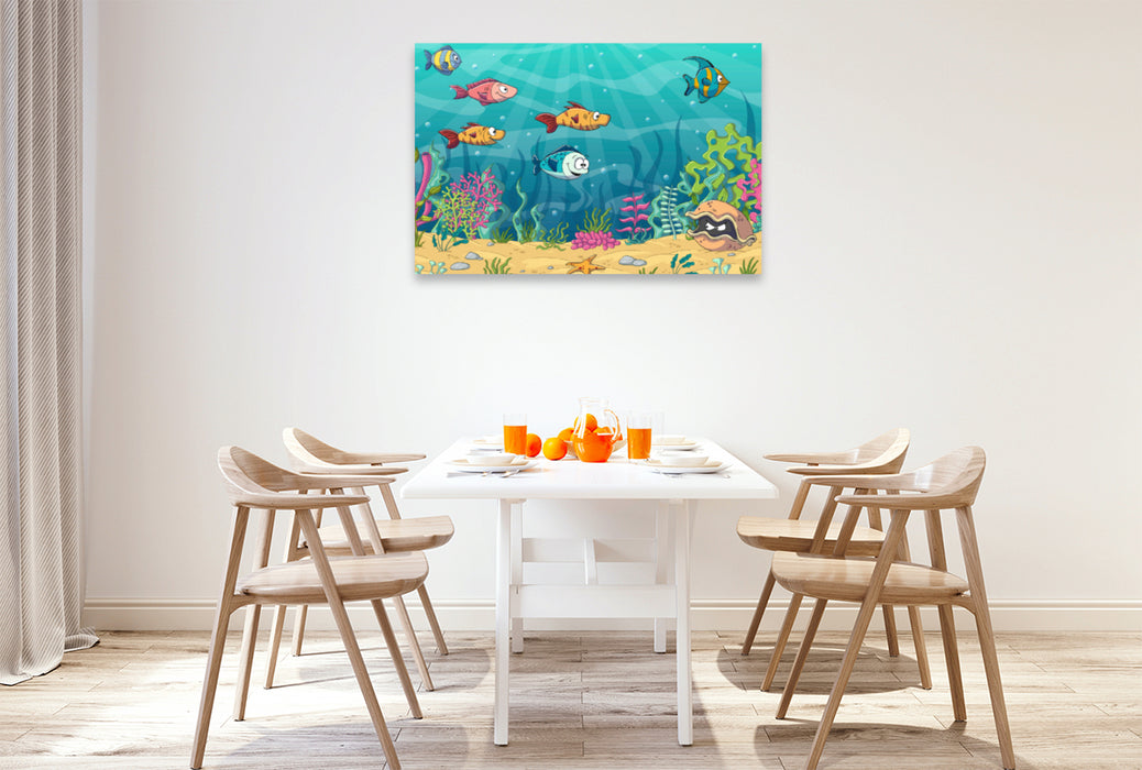 Premium textile canvas Premium textile canvas 120 cm x 80 cm landscape Funny fish in an underwater landscape 