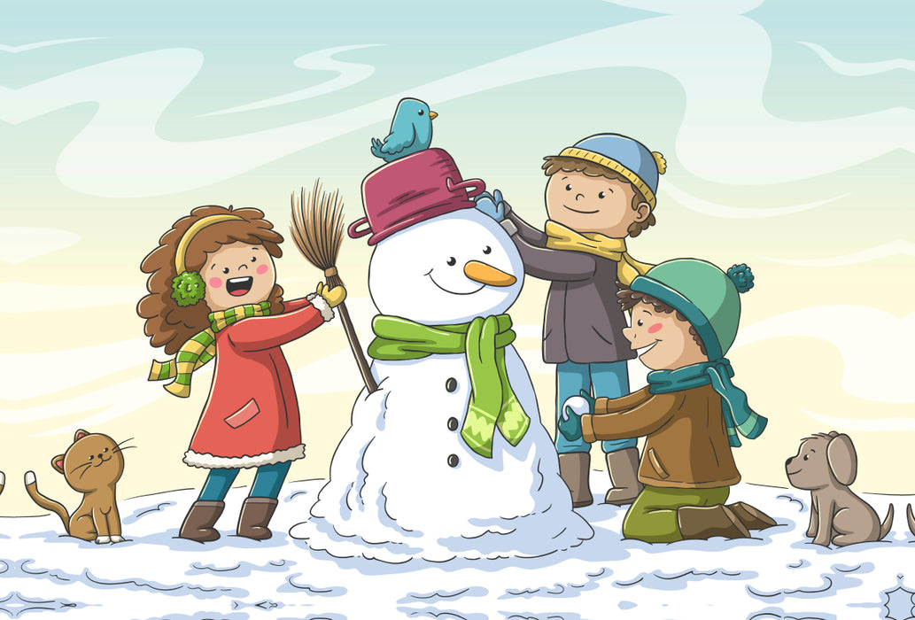 Premium Textil-Leinwand Premium Textil-Leinwand 120 cm x 80 cm quer Drei Kinder bauen einen Schneemann