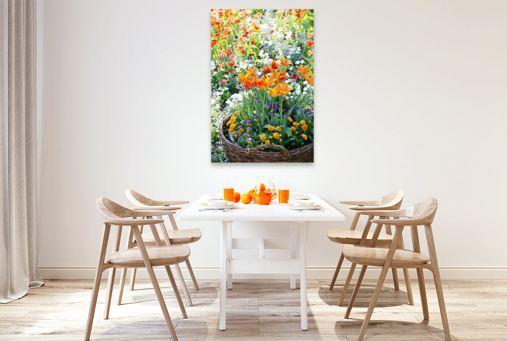 Premium textile canvas Premium textile canvas 80 cm x 120 cm high Orange tulips in a wicker basket surrounded by horned violets 