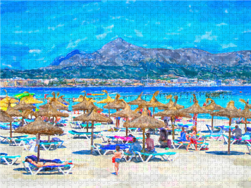 Strand von Alcudia auf Mallorca. Aquarell eines Badeparadies mit Sonnenschirmen. - CALVENDO Foto-Puzzle - calvendoverlag 29.99