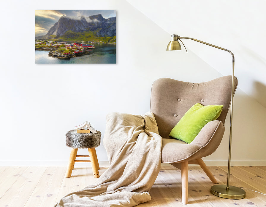 Premium textile canvas Premium textile canvas 75 cm x 50 cm landscape Lofoten in the sunset 