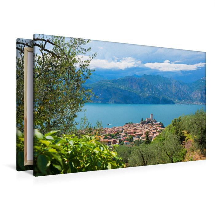 Premium Textil-Leinwand Premium Textil-Leinwand 120 cm x 80 cm quer Aussicht von der Panoramastraße auf Malcesine