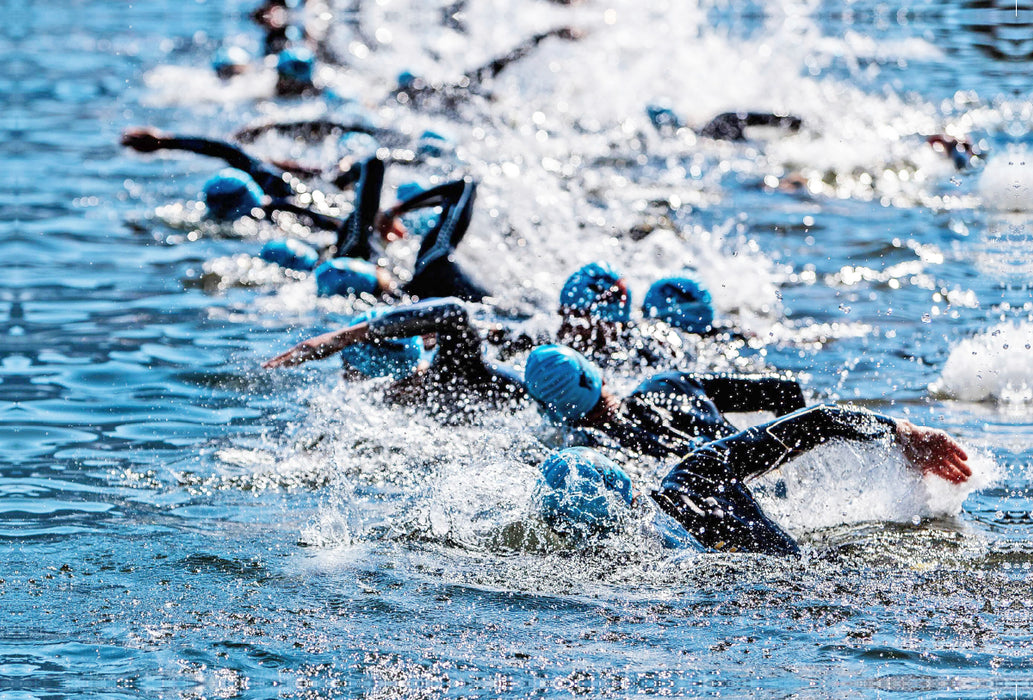 Premium textile canvas Premium textile canvas 120 cm x 80 cm landscape Triathlon: Extreme sport here while swimming 