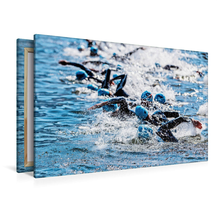 Premium textile canvas Premium textile canvas 120 cm x 80 cm landscape Triathlon: Extreme sport here while swimming 