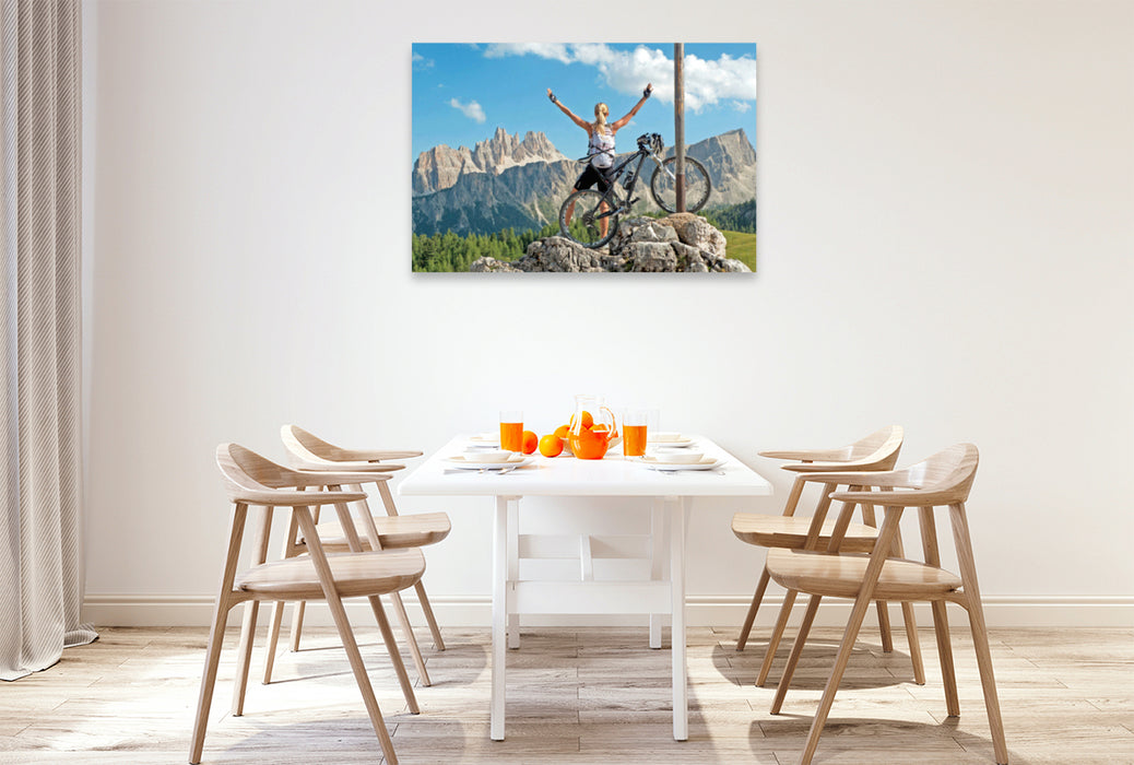 Premium textile canvas Premium textile canvas 120 cm x 80 cm landscape mountain biking in the Dolomites, Cinque Torri. 